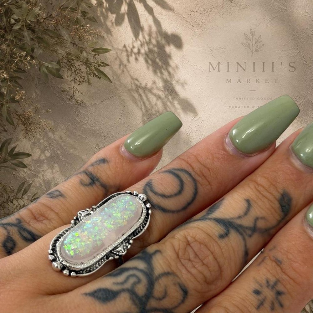 Silver Tone Iridescent Opal Style Statement Ring – Size 8